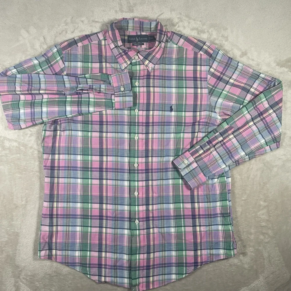 Ralph Lauren Custom Fit Plaid Button Down Shirt Mens‎ XL Pink Blue